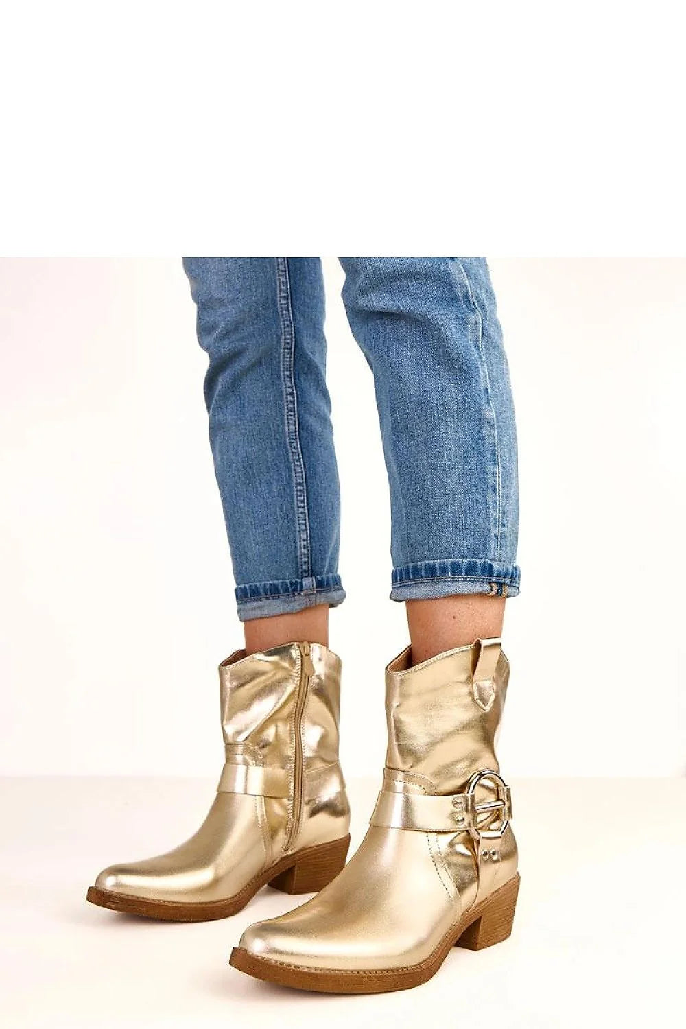 bottines femme cuir écologique doré métallisé bout pointu élancé talon bloc 5cm tige 16cm fermeture éclair boucle décorative western