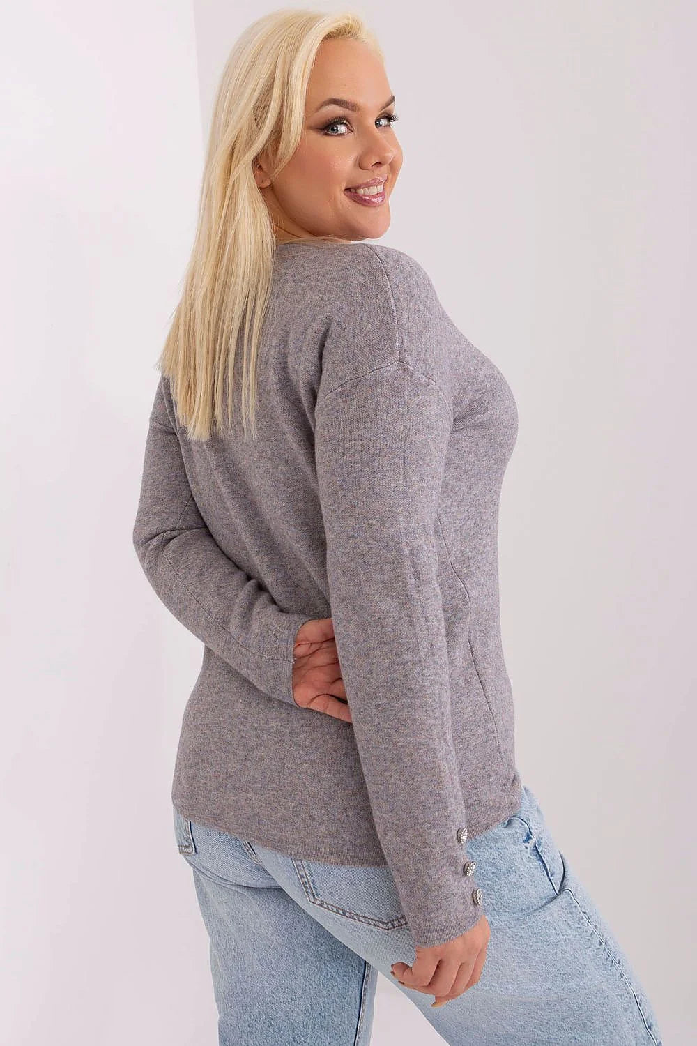 Pull pour femmes élégant manches longues encolure en V gris chiné matière douce ajusté occasion décontractée