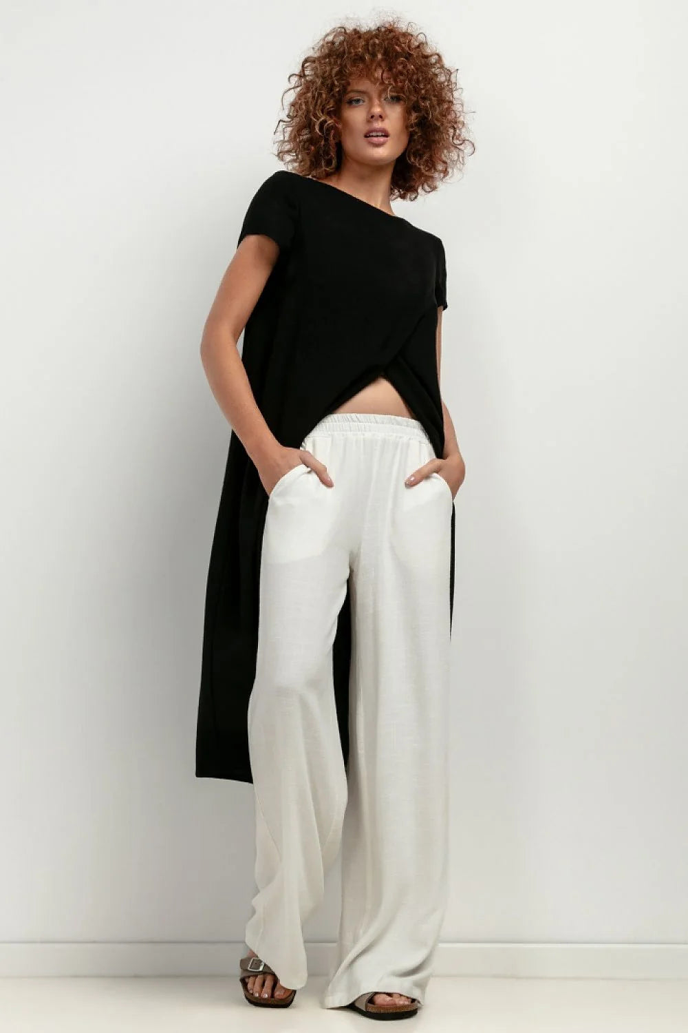 Tunique Tessita longue asymétrique noire matériaux légers viscose lin femmes été plage