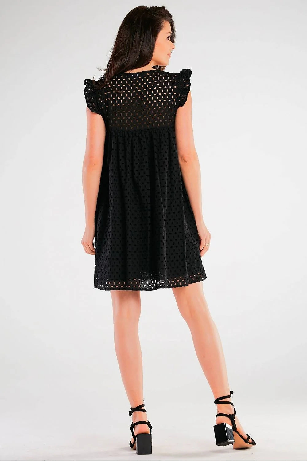 Robe de jour élégante sans manches en coton 100% avec volants sur les épaules taille ajustable robe noire pour femme