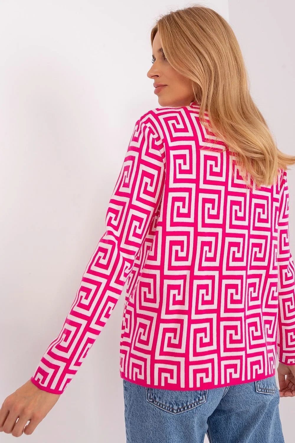 Chandail pour femme à motif géométrique fuchsia et blanc maille épaisse col montant manches longues poches zippées style audacieux mode contemporaine