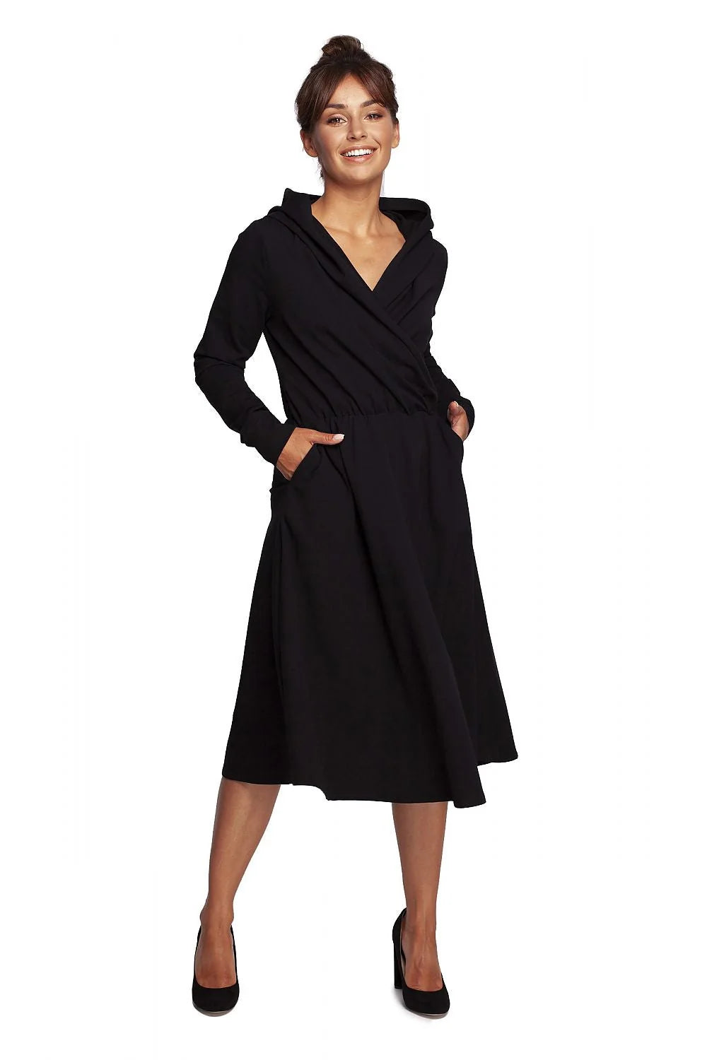 Robe de jour féminine élégante en coton élasthanne coupe A manches longues col drapé poches latérales