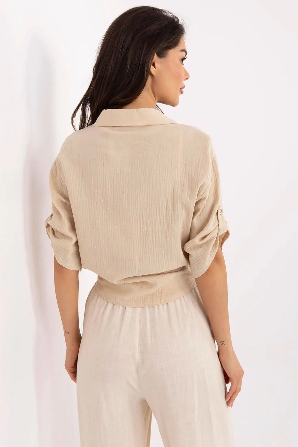 Chemise Italy Moda femme élégante décontractée coton manches courtes poche brodée beige nœud taille ajustable