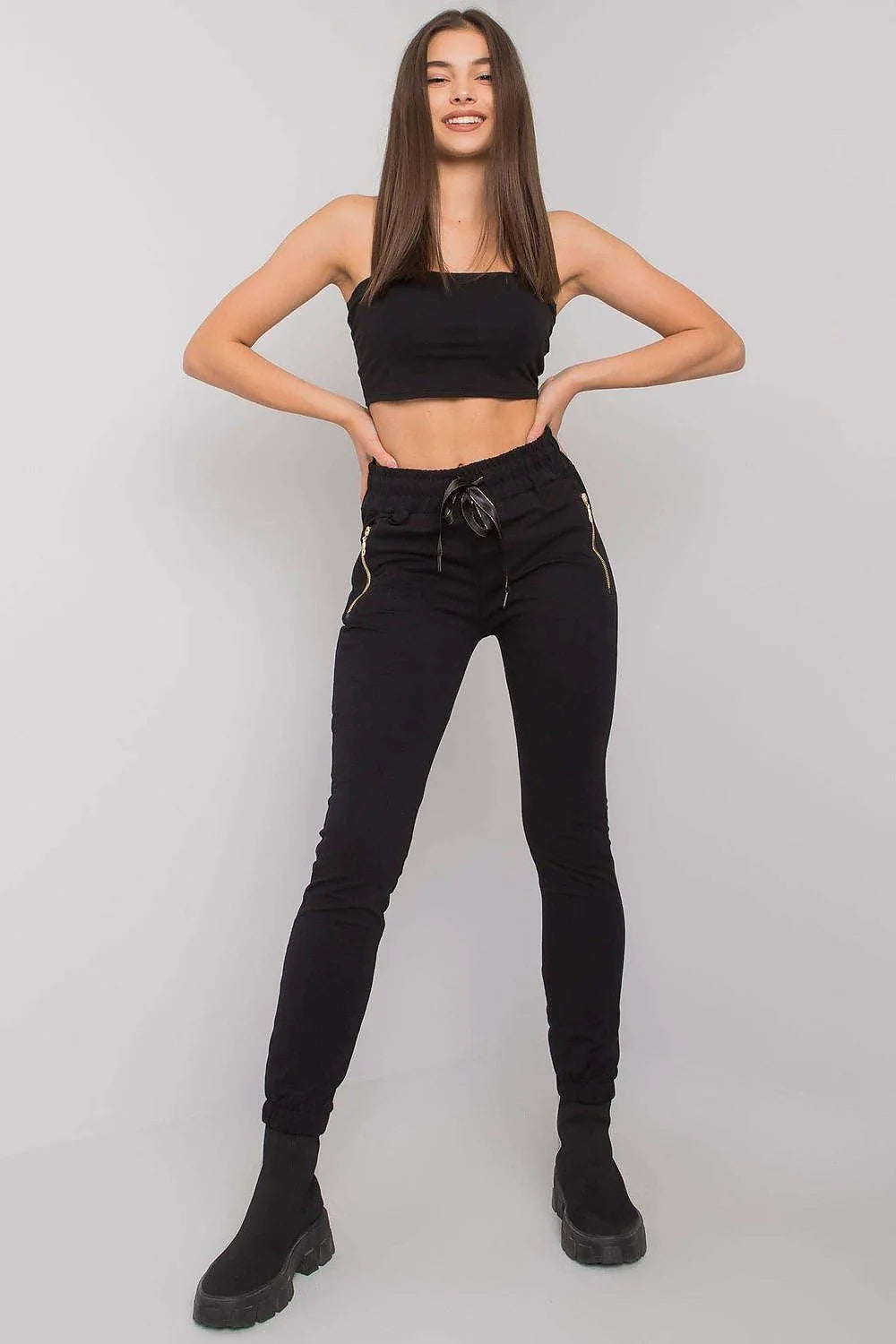 Pantalon de jogging coton noir décontracté élégant taille haute poches zippées pour femmes actives
