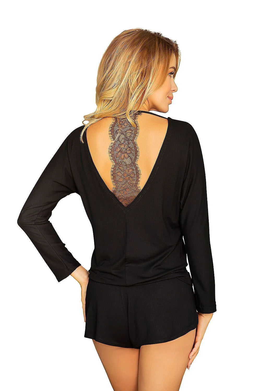 Ensemble lingerie viscose chic bleu foncé manches longues dentelle florale confortable et sexy femme