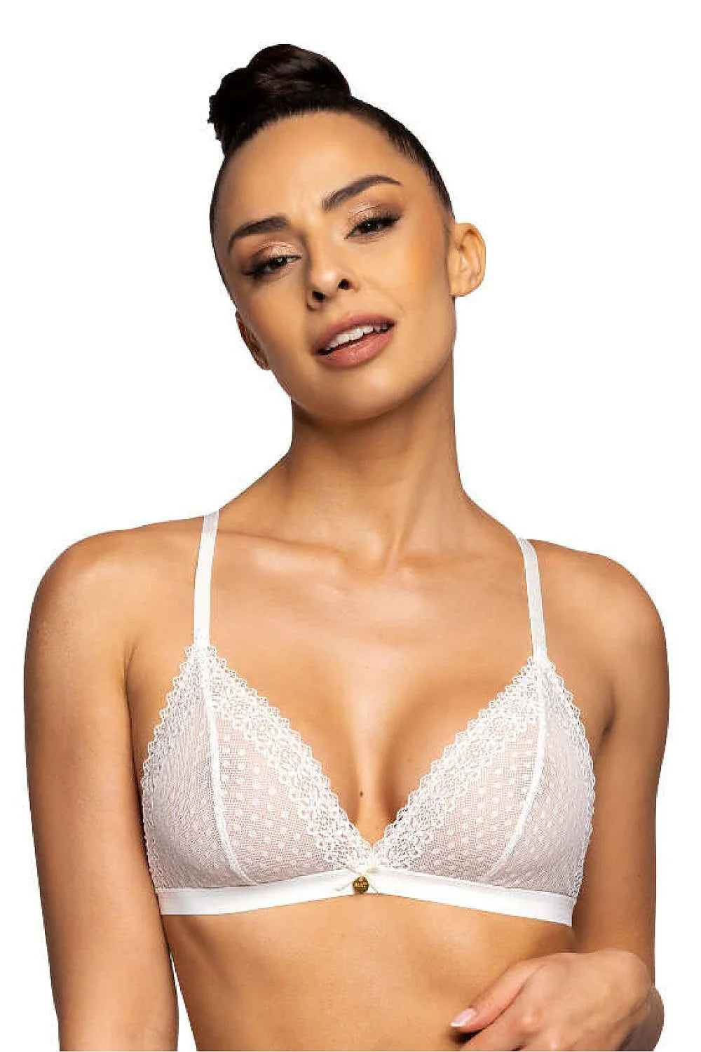 Soutien-gorge bralette dentelle motifs laiteux blanc transparent bonnets triangulaires bretelles ajustables fermeture crochet femme