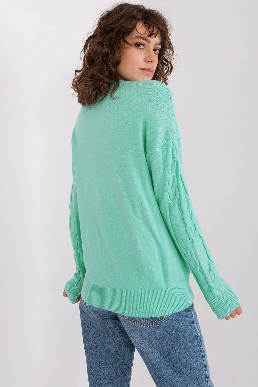 Chandail pour femme classique élégant en vert menthe maille douce motif côtelé manches longues col rond coupe ample