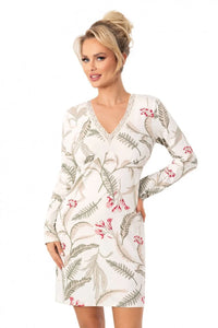 chemise nuit manches longues coupe mi cuisses décolleté V bordure dentelle bande élastique poitrine tissu extensible doux écru imprimé botanique