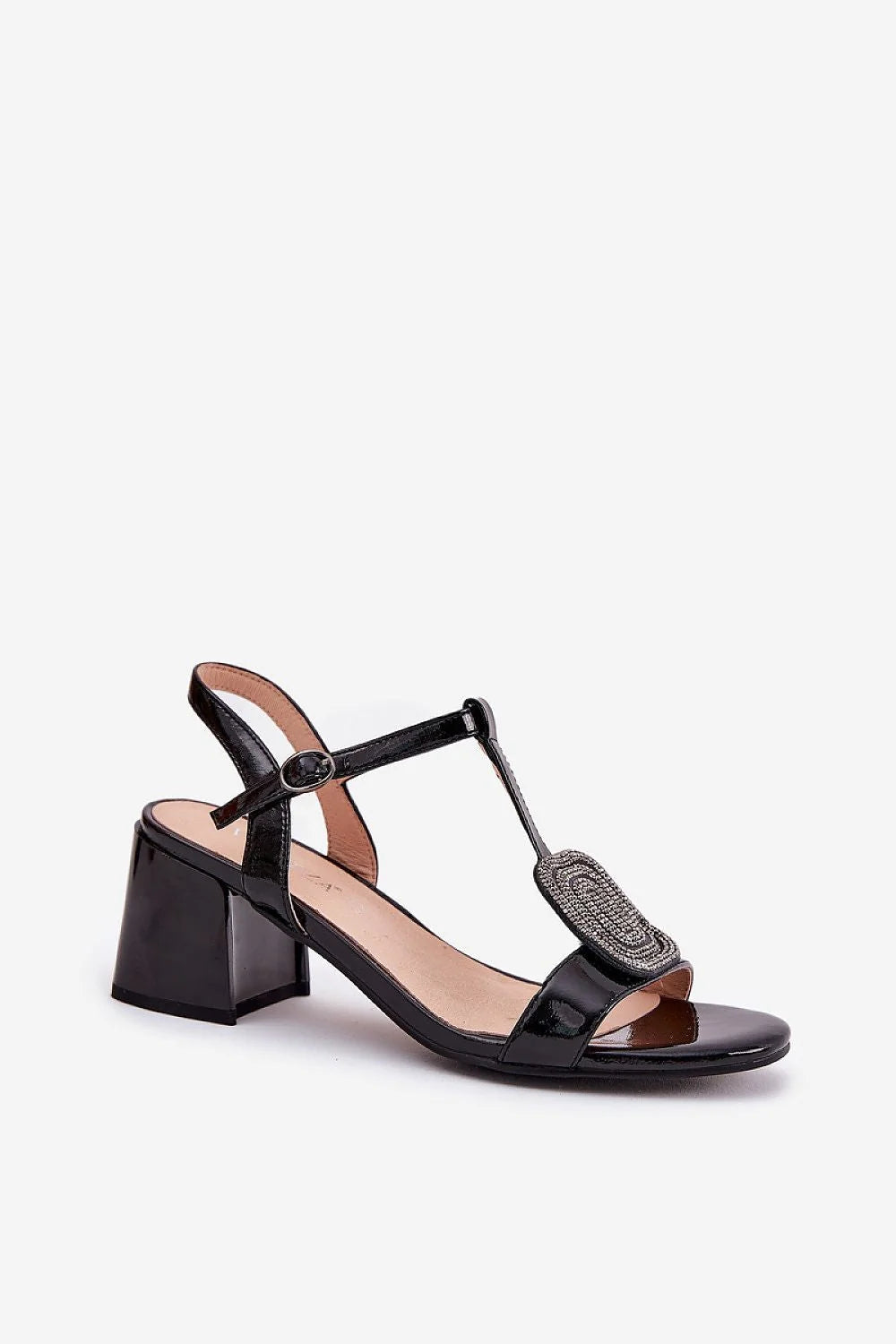 sandales talon bloc moyen verni noir bride T cheville réglable boucle arrière strass carré pavé cuir semelle intérieure confortable sophistiquées