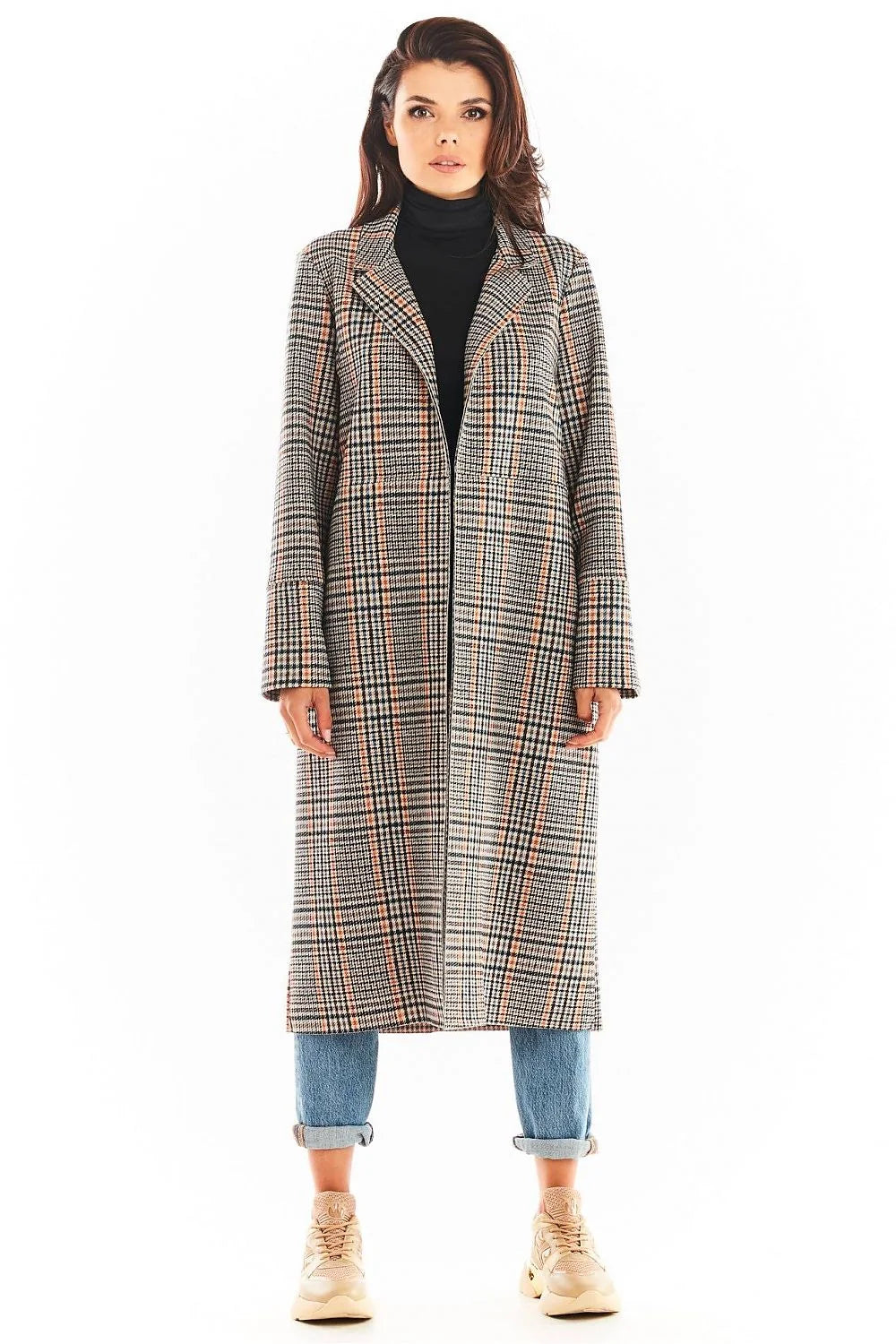 Manteau Prince de Galles pour femme, style élégant, double col, ceinture amovible, laine et polyester, taille ajustable, coupe droite, poches latérales, occasion formelle et décontractée, fabriqué en Pologne