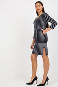 Robe de jour Och Bella en jersey rayures marine et blanc manches 3/4 encolure V fente latérale femmes