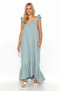 Robe de jour Makadamia longue coupe ample volants bretelles poches latérales couleur bleu-gris pastel matériau doux respirant femme