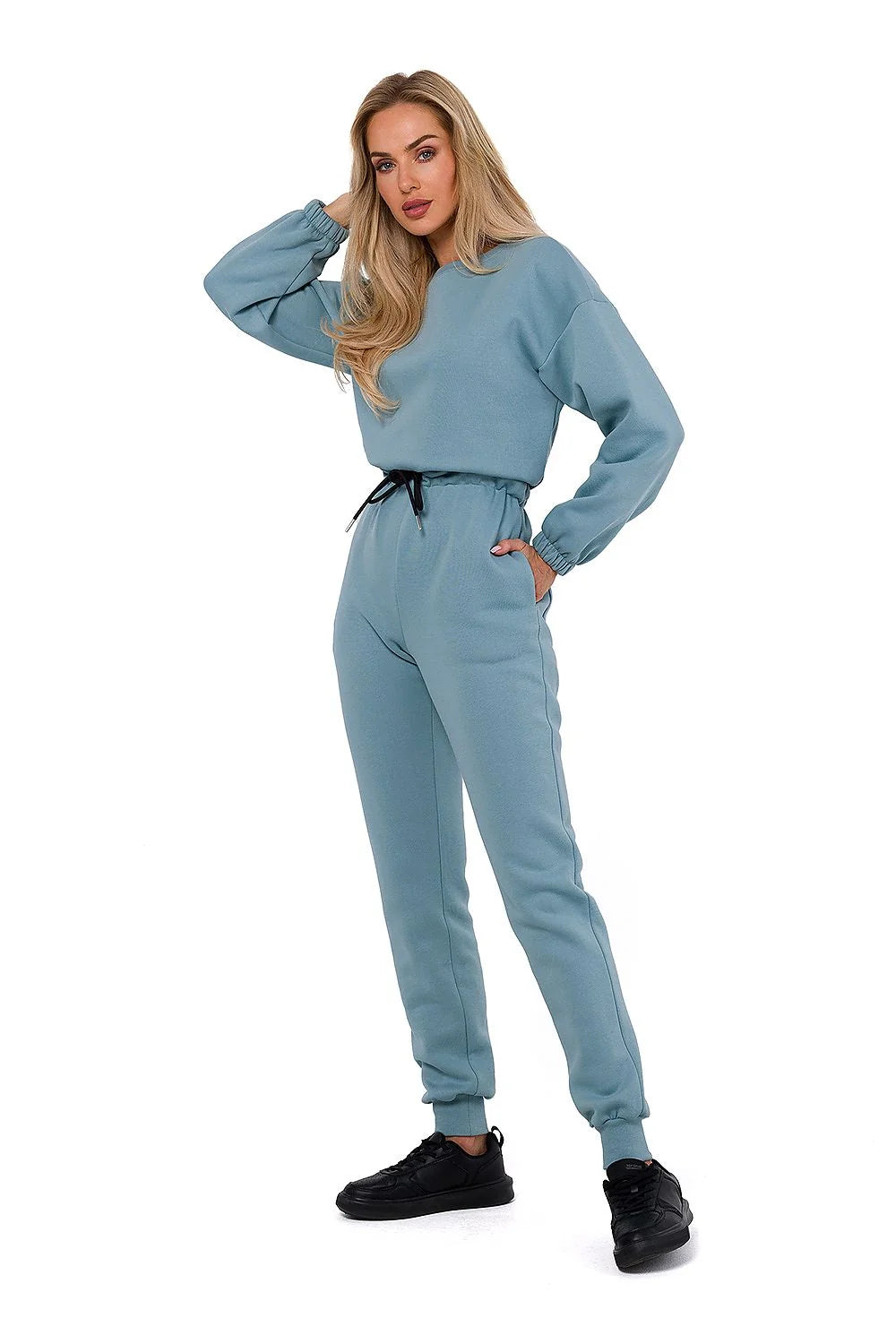 Combinaison femme confortable moderne bleu clair taille haute élastique manches longues pantalon assorti survêtement