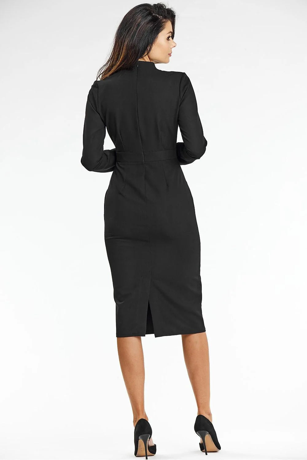 robe midi fourreau noire viscose ajustée cintrée manches longues décolleté V ceinture intégrée crayon silhouette professionnelle soirée confortable stretch épurée