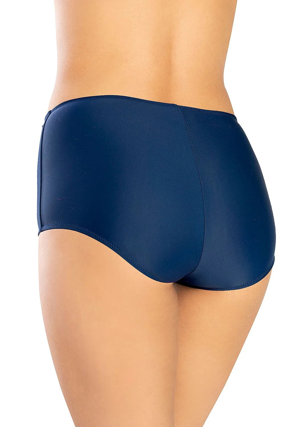 Culotte taille haute satinée bleu marine élégante confort couture apparente plaque décorative lingerie femme