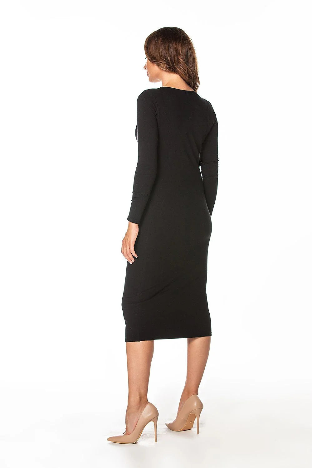 Robe de jour élégante ajustée manches longues col rond en coton polyester noir femmes taille unique