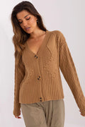 Cardigan pour femme en tricot maille torsadée acrylique doux encolure V boutons bois couleur miel manches longues