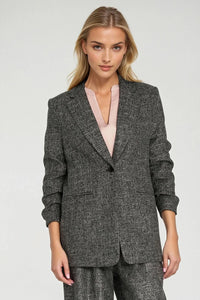veste femme tailleur longue ample tweed texturé gris anthracite revers crantés bouton manches troisquarts épaules structurées poches passepoilées doublure confortable