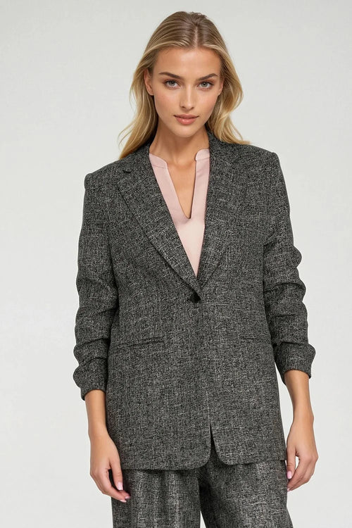 veste femme tailleur longue ample tweed texturé gris anthracite revers crantés bouton manches troisquarts épaules structurées poches passepoilées doublure confortable