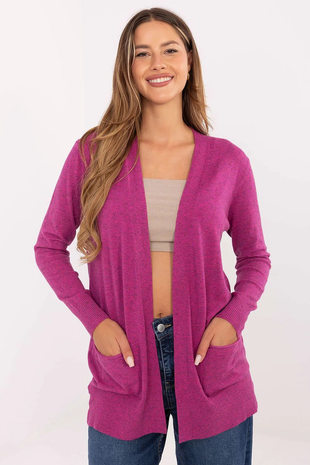 cardigan femme ouvert décontracté confortable viscose modal nylon maille fine fuchsia manches longues poches plaquées coupe droite léger extensible