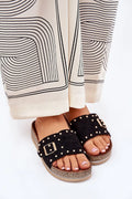 Sandales ouvertes design moderne élégant suédine écologique boucle dorée clous métalliques plateforme pailletée 3.5 cm femme