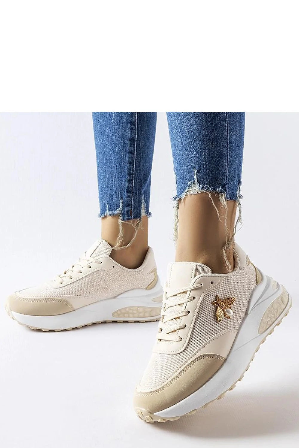 Baskets mode Solea femmes beige blanc motif libellule cuir textile confortable été printemps décontracté