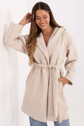 manteau femme mi long écru polyester lainée oversize col châle ceinture nouée bouton poches latérales manches longues finition structurée chic