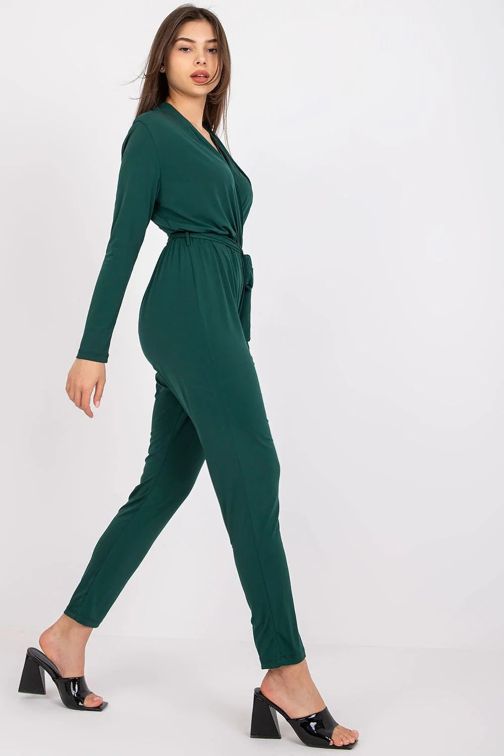 Combinaison Ex Moda moderne élégante manches longues en V ceinture tissu mélange polyester élasthanne couleur marron chocolat femme