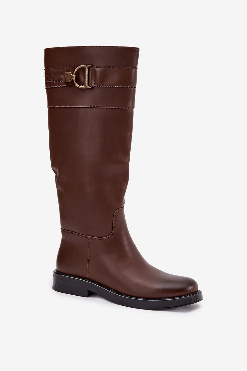 bottes cuissardes femme hautes genou cuir artificiel marron chocolat cavalier bout rond semelle basse antidérapante bride boucle dorée coutures structurantes
