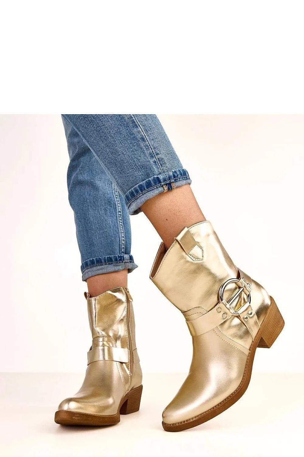 bottines femme cuir écologique doré métallisé bout pointu élancé talon bloc 5cm tige 16cm fermeture éclair boucle décorative western