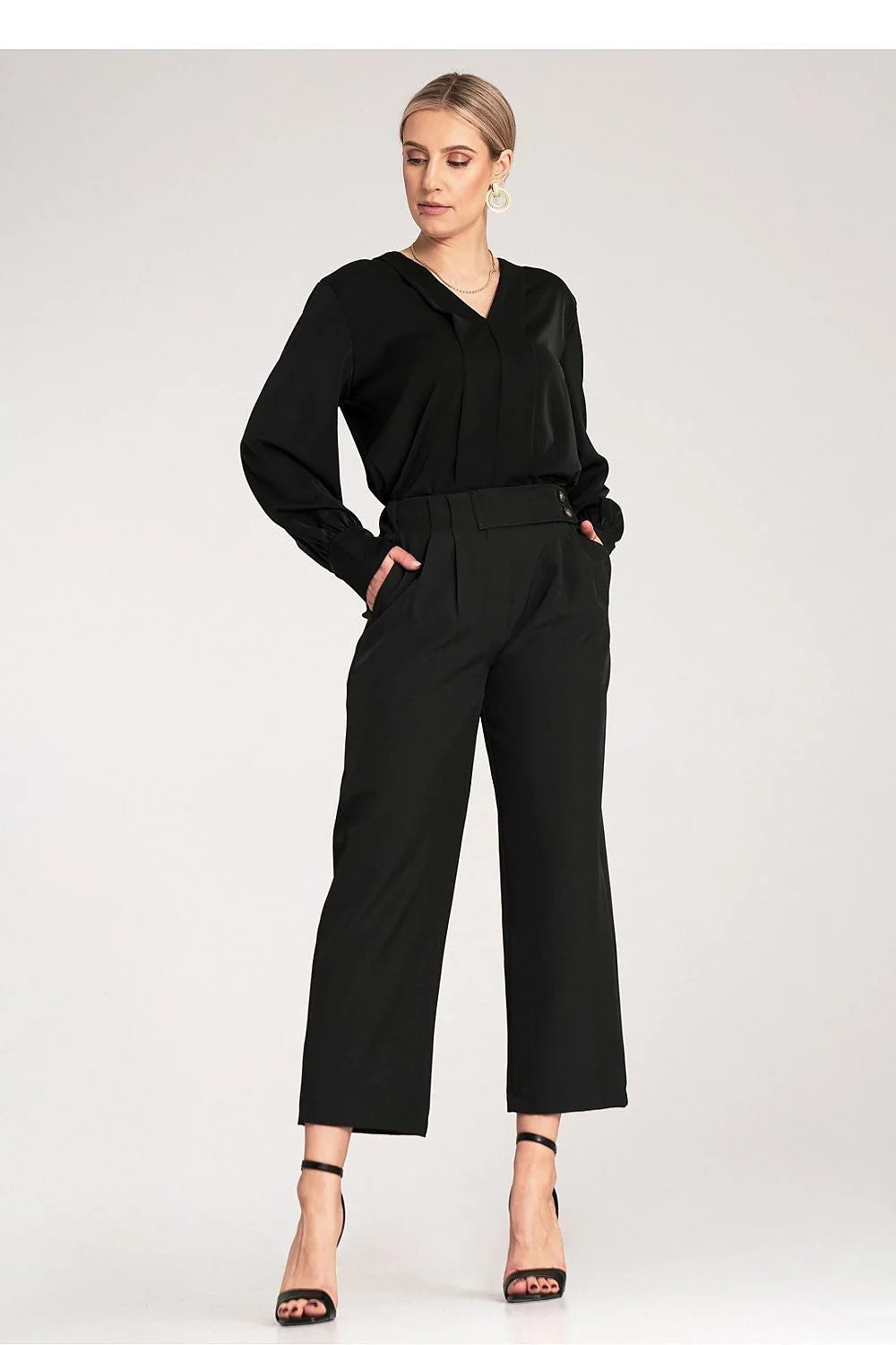 pantalon femme Figl cropped taille haute ceinturé boutons décoratifs slim fit coupe tailleur fluide crêpe polyester elasthanne noir élégant sophistiqué