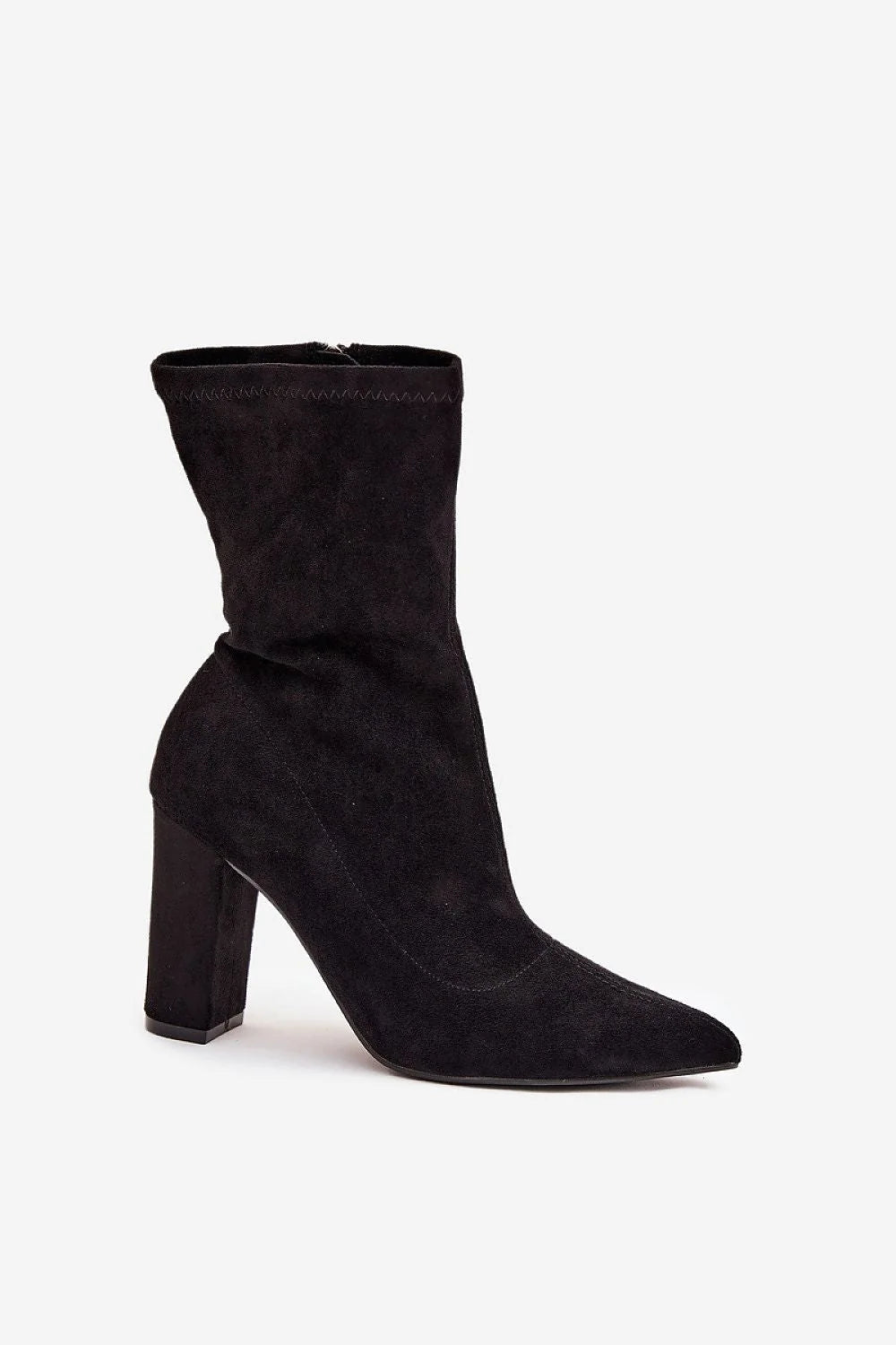 bottines femme suédine écologique noir talon bloc haut stable bout pointu tige mimollet ajustée fermeture éclair latérale dorée coutures subtiles