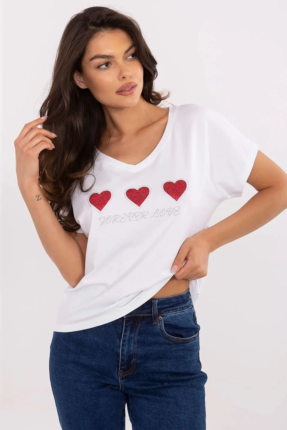 T-shirt femme blanc coton col V manches courtes cœurs glitter FOREVER LOVE