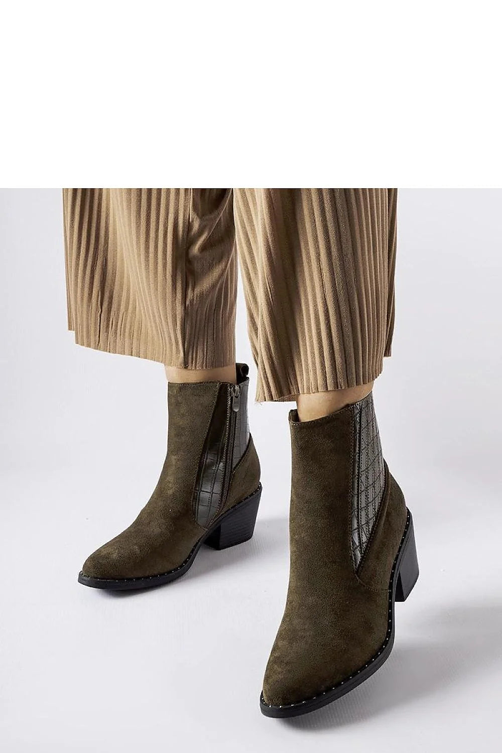 Bottines femmes design moderne élastique latéral motif carreaux vert olive talon stiletto suédine fermeture éclair occasion quotidienne robe pantalon