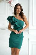 robe soirée asymétrique épaule unique dénudée volant plumes vert émeraude courte ajustée moulante doublée extensible luxe glamour cocktail
