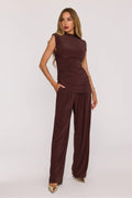 ensemble femme chocolat jersey satiné stretch col montant sans manches drapé asymétrique top ajusté pantalon large taille haute