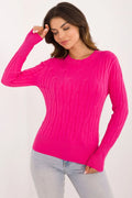 pull maille femme fuchsia vif torsades manches longues coupe ajustée col rond bords côtelés poignets ourlet mélange viscose nylon polyester
