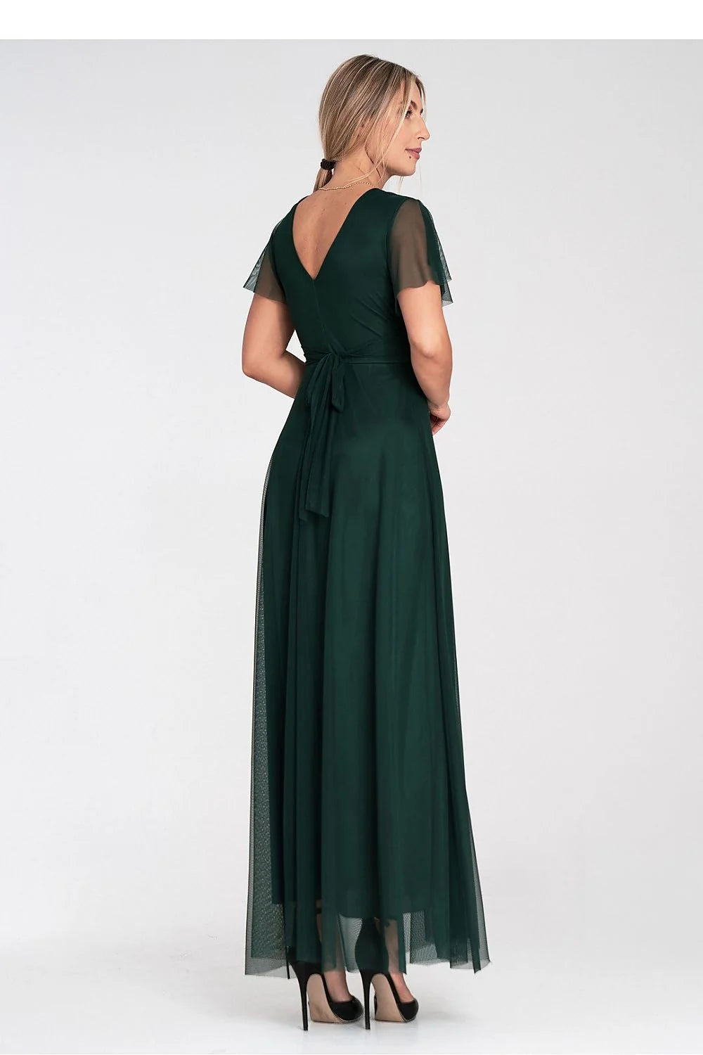 Robe de soirée élégante longue manches courtes vert émeraude décolleté en V croisé taille ajustable femme