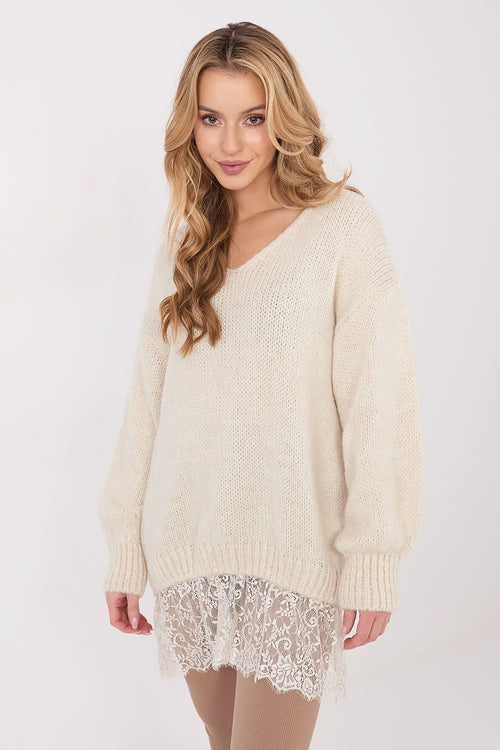 pull long femme oversize tunique maille écru col V manches bouffantes coupe loose hanches douce mohair dentelle florale blanche