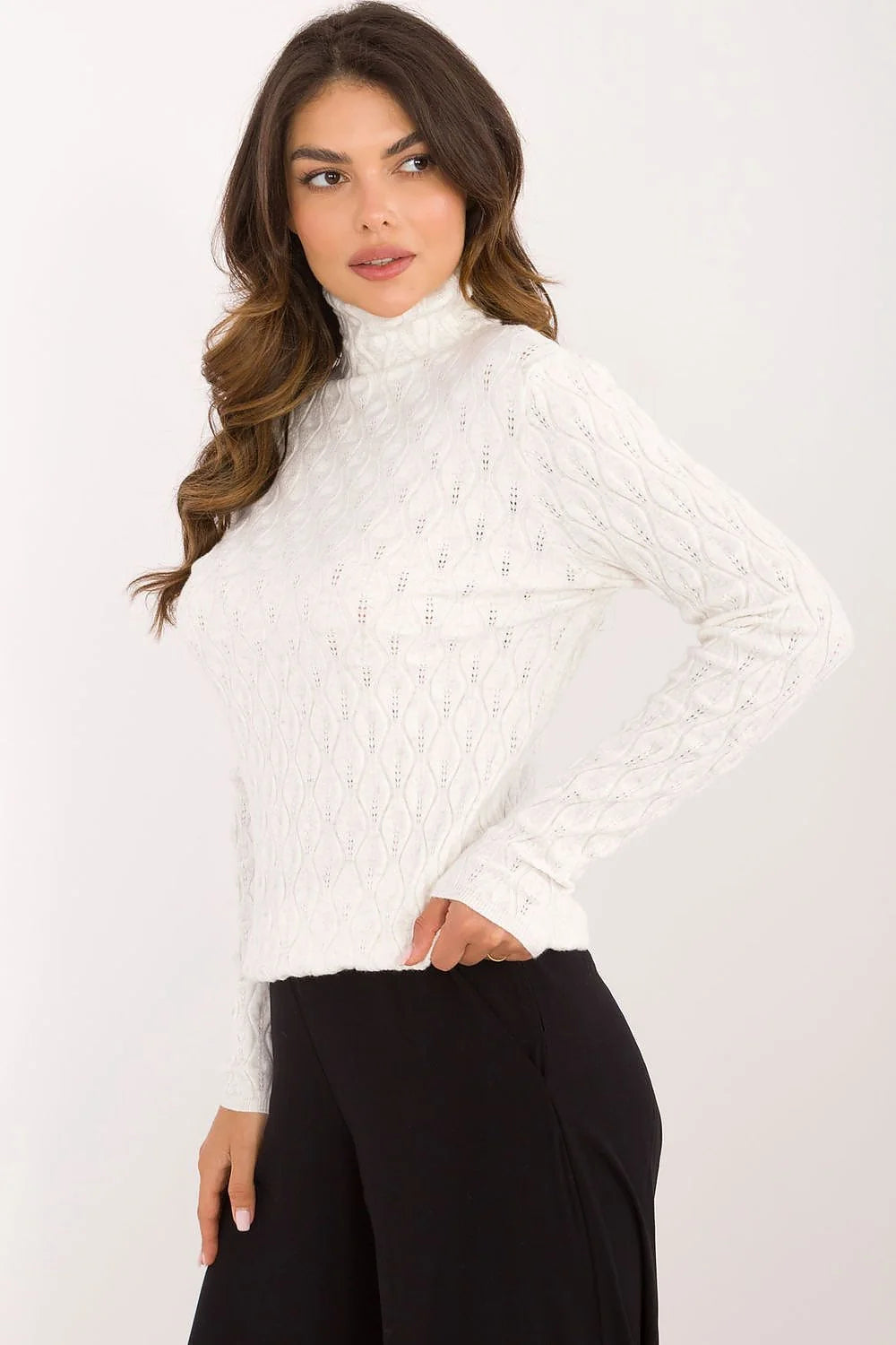 Pullover femme col roulé manches longues motif ajouré losanges couleur blanc cassé style élégant ajusté