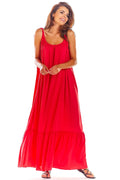 Robe longue AWAMA été 2023 coupe ample décolleté dos volant bas coloris rouge vif femmes viscose élasthanne