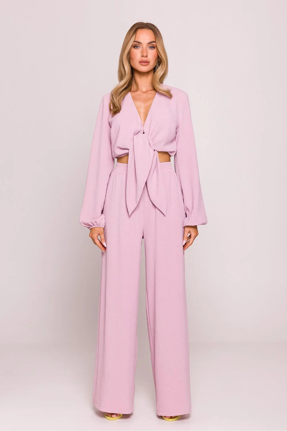Ensemble Chemisier Moe Haut et Pantalon Assortis Manches Longues Nœud Central Rose Pastel Femme