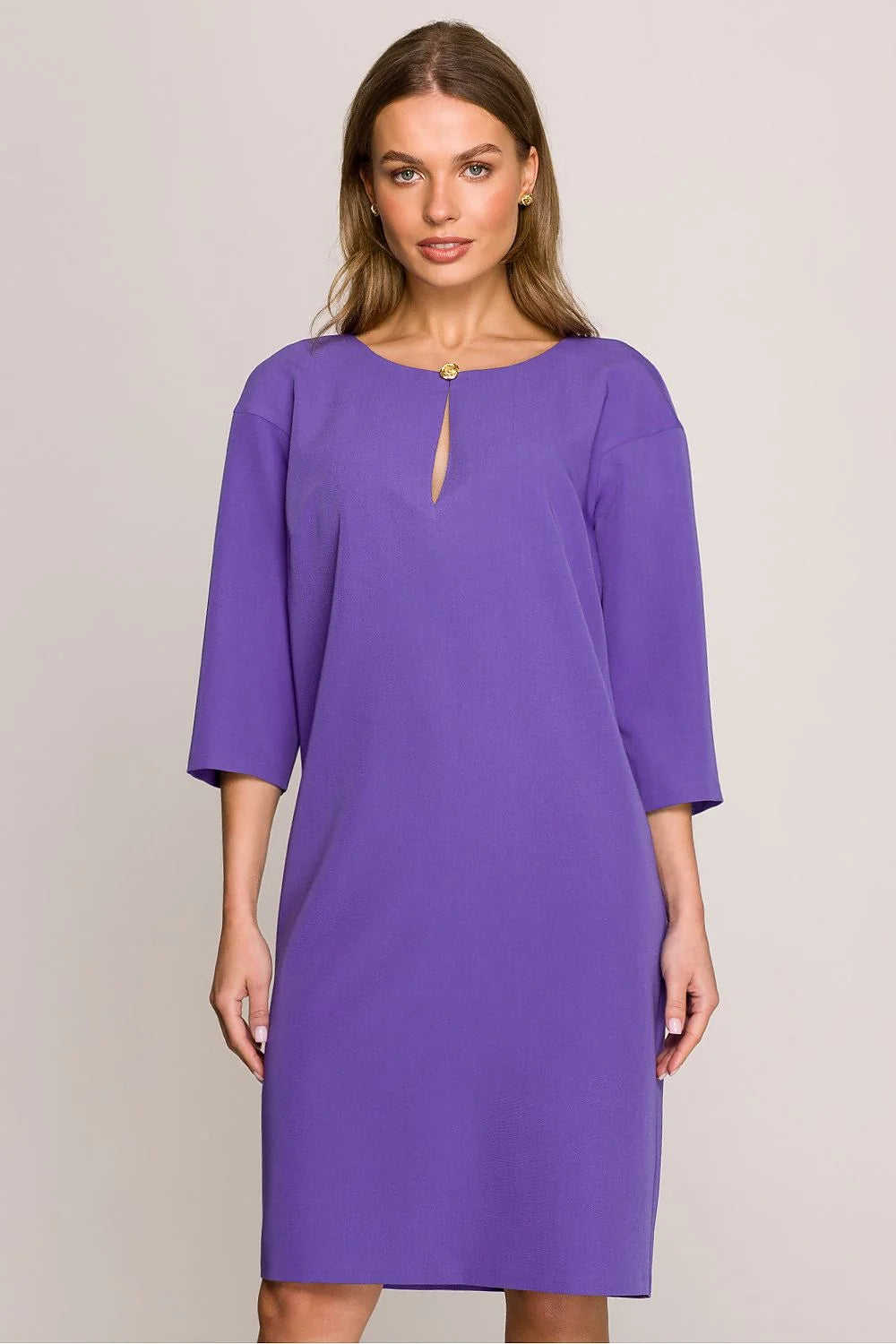 Robe de jour Stylove élégante confortable coupe ample manches trois-quarts décolleté bouton fente dos fermeture éclair
