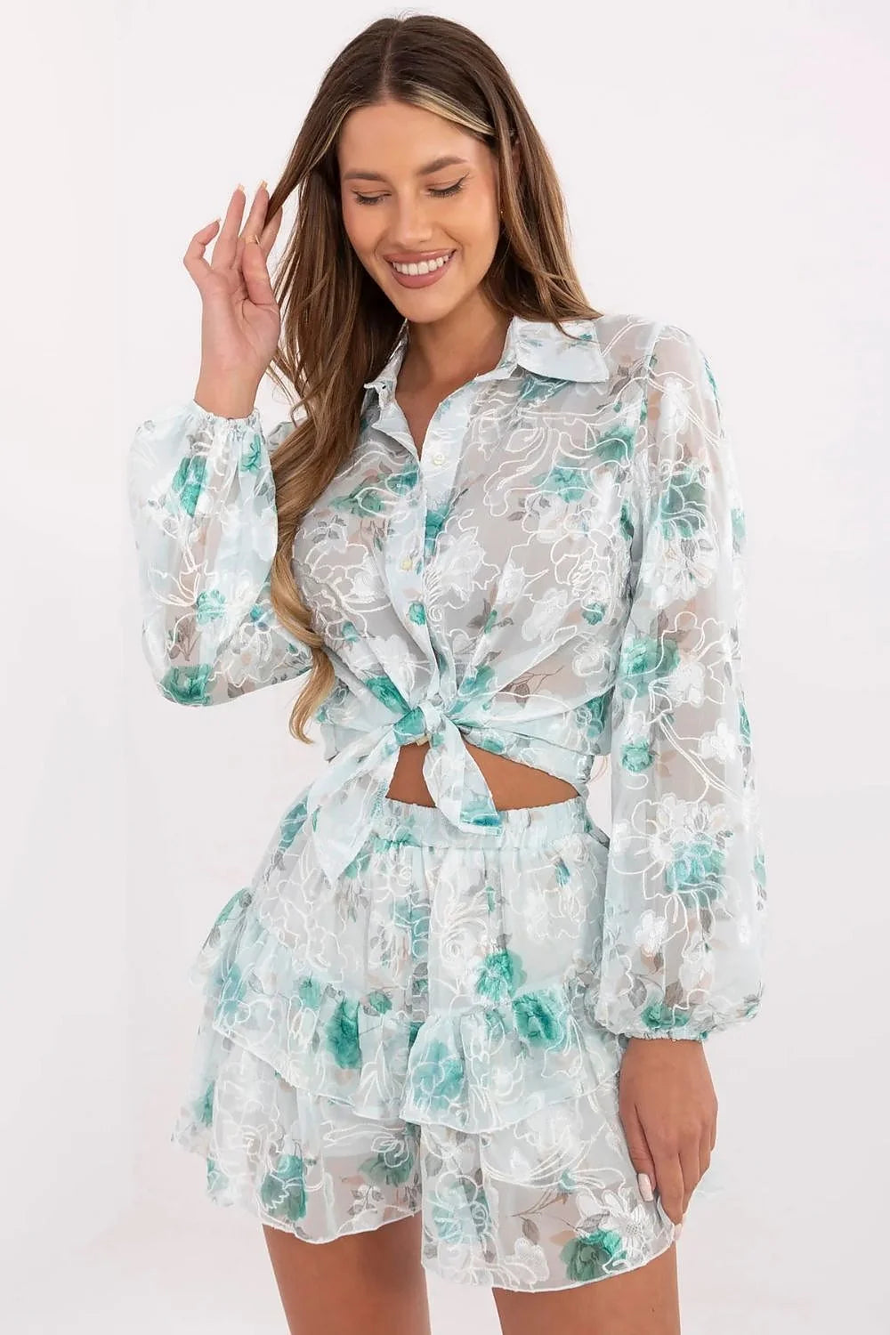 Ensemble Lakerta élégant romantique femme motifs floraux coton polyester elastane manches longues jupe courte volants frais confortable