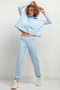 ensemble sweatshirt joggers oversize capuche cropped coupe ample coton polyester molletonné doux confortable bleu pâle taille élastique