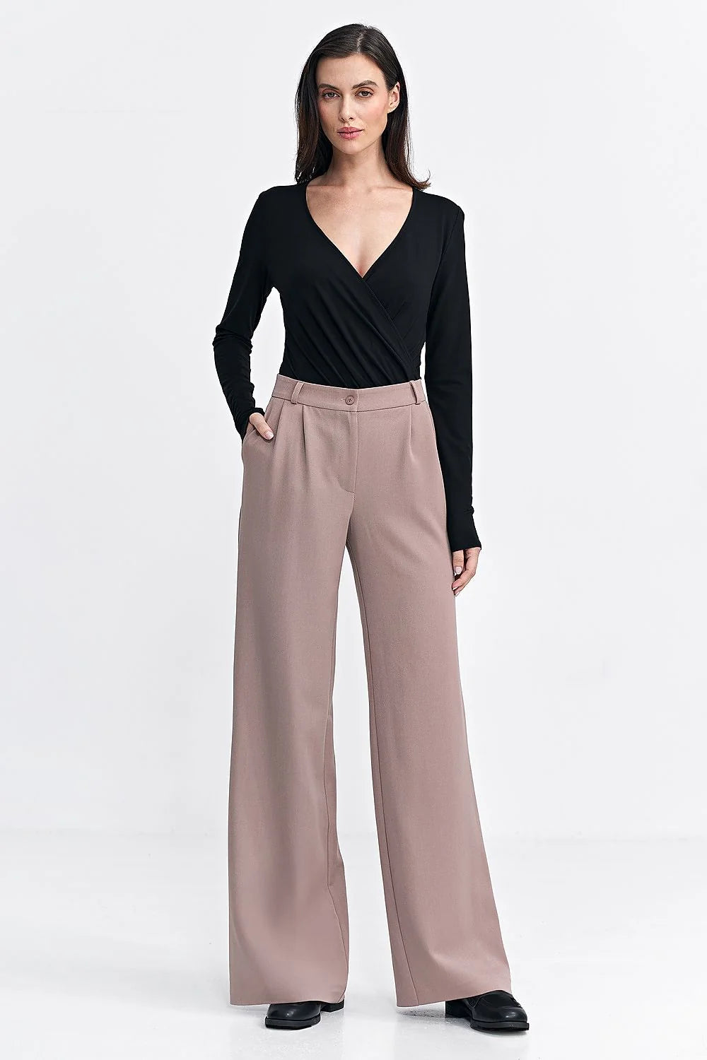 Pantalon femme long coupe ample haute taille large beige rosé fermeture éclair poches latérales polyester