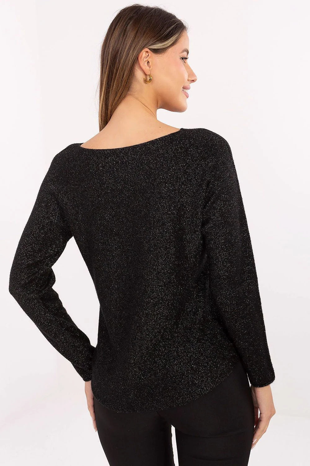 pull femme noir scintillant brocart col rond manches longues maille fine coupe droite longueur hanches élégant soirée confortable viscose extensible