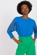 Chemisier Rue Paris bleu vif dentelle manches 3/4 coupe droite pantalon vert audacieux taille haute femme