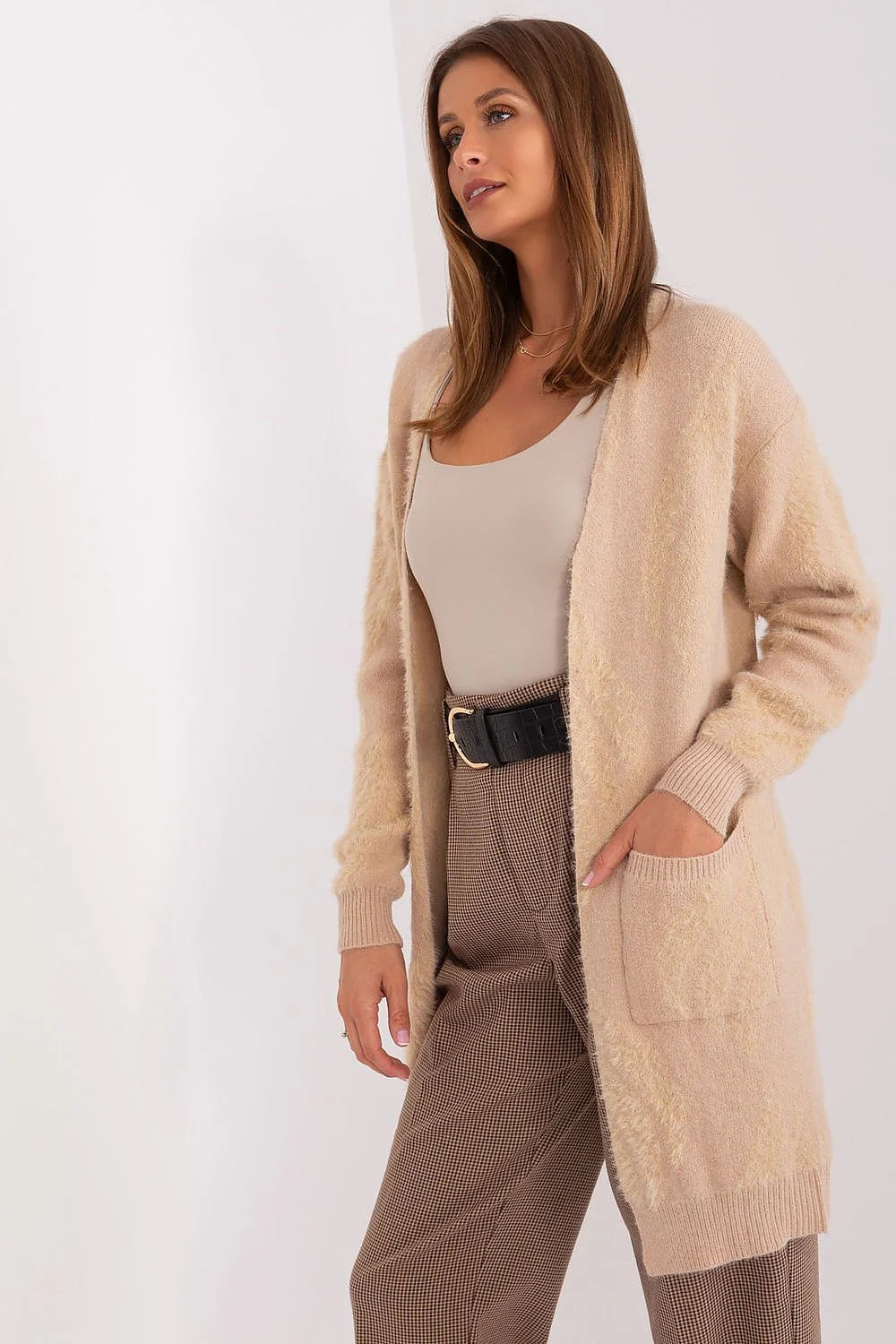 Cardigan pour femme style décontracté ouvert sans boutons coupe oversize tissu doux maille laine poches plaquées beige clair
