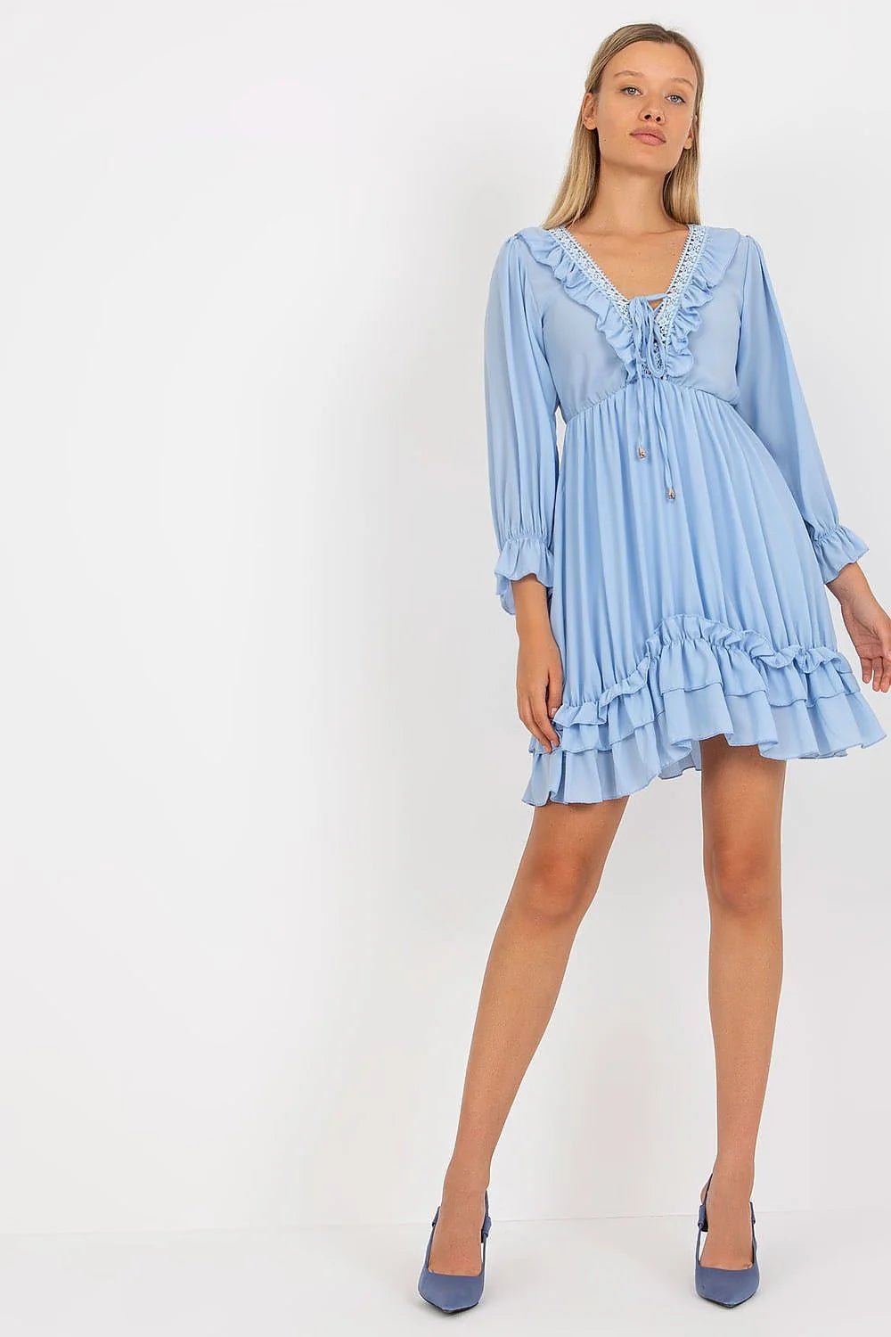 Robe de jour Och Bella design élégant coupe évasée manches longues volants dentelle bleu pâle légères confortables femme
